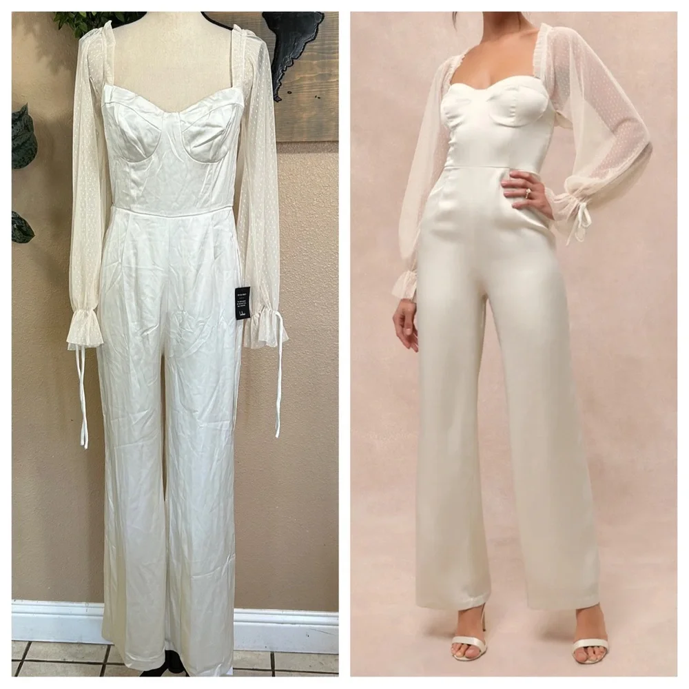 NWOT Lulus Gracefully Modern Ivory Satin Mesh Long Sleeve Bustier Jumpsuit
